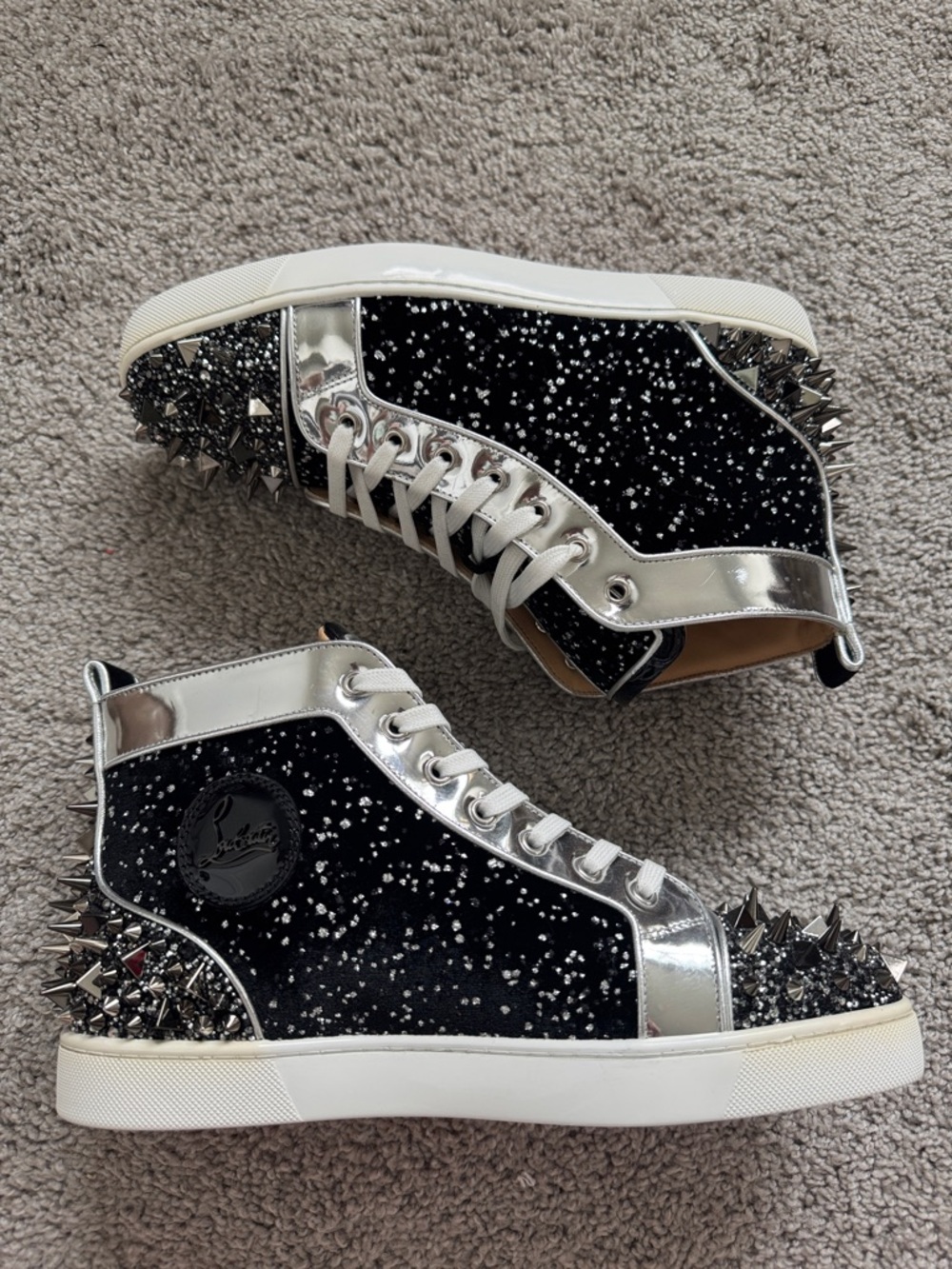 Christian Louboutin Black Glitter High-Top Sneakers with Silver Spikes